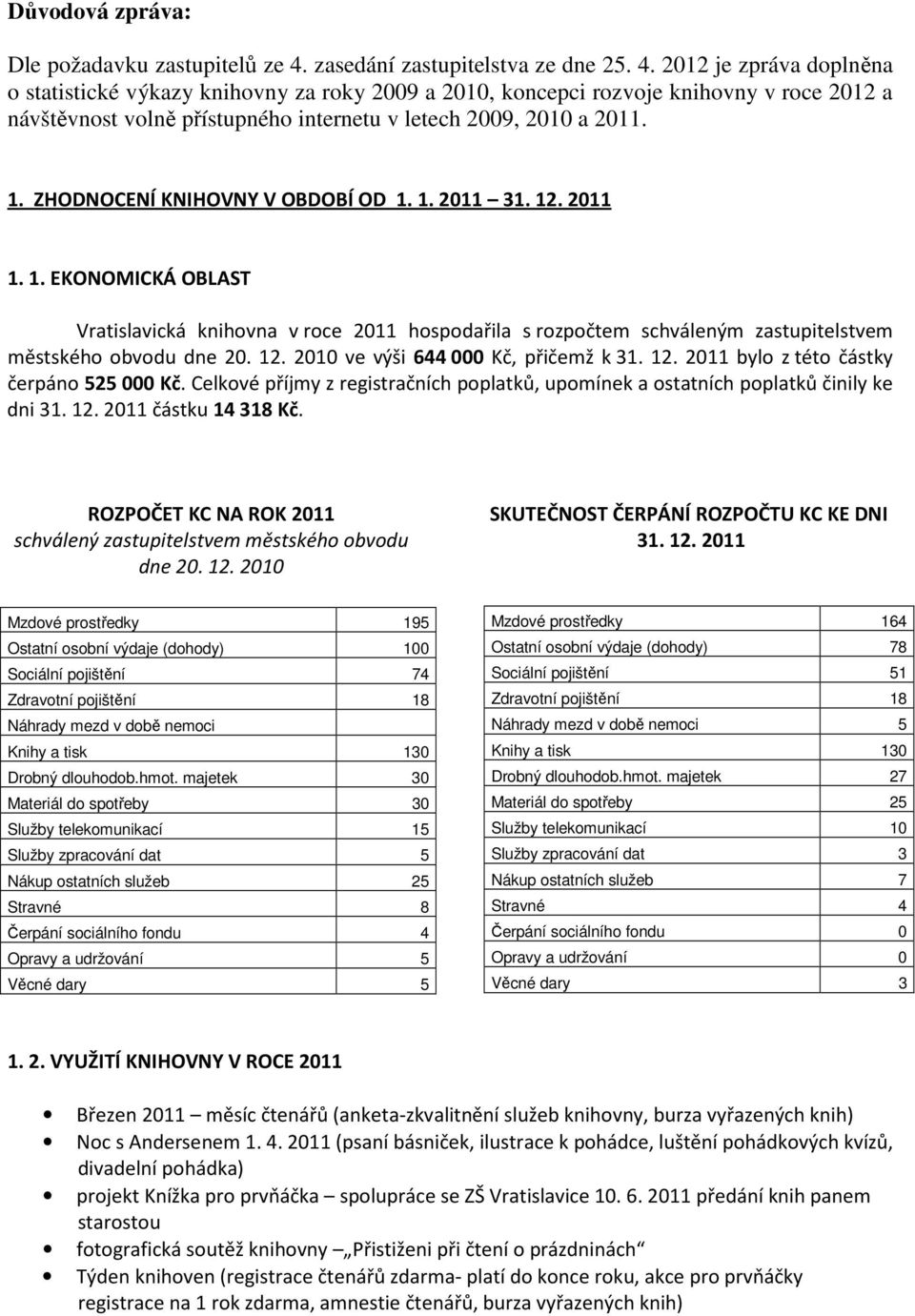 2012 je zpráva doplněna o statistické výkazy knihovny za roky 2009 a 2010, koncepci rozvoje knihovny v roce 2012 a návštěvnost volně přístupného internetu v letech 2009, 2010 a 2011. 1.