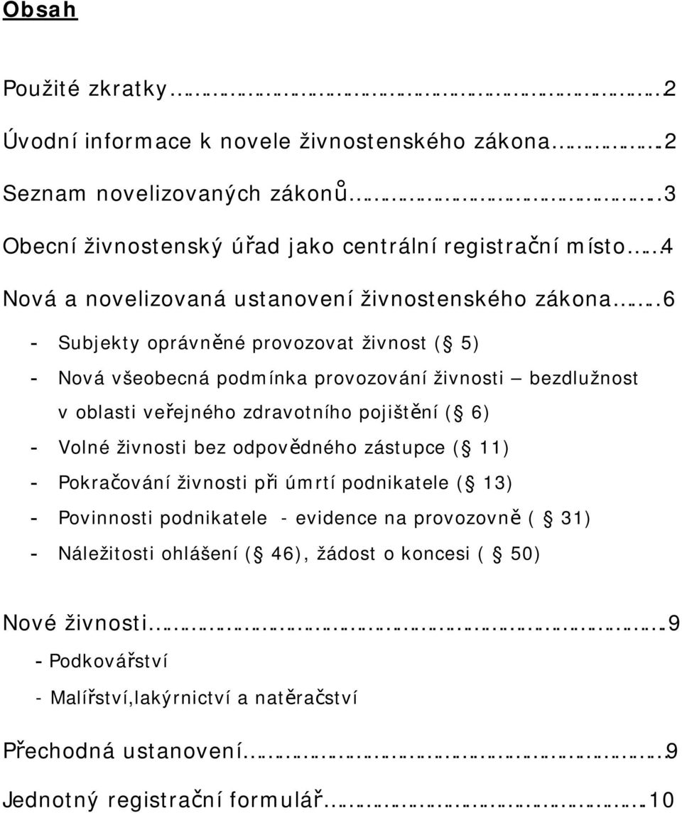 .6 - Subjekty oprávněné provozovat živnost ( 5) - Nová všeobecná podmínka provozování živnosti bezdlužnost v oblasti veřejného zdravotního pojištění ( 6) - Volné živnosti bez