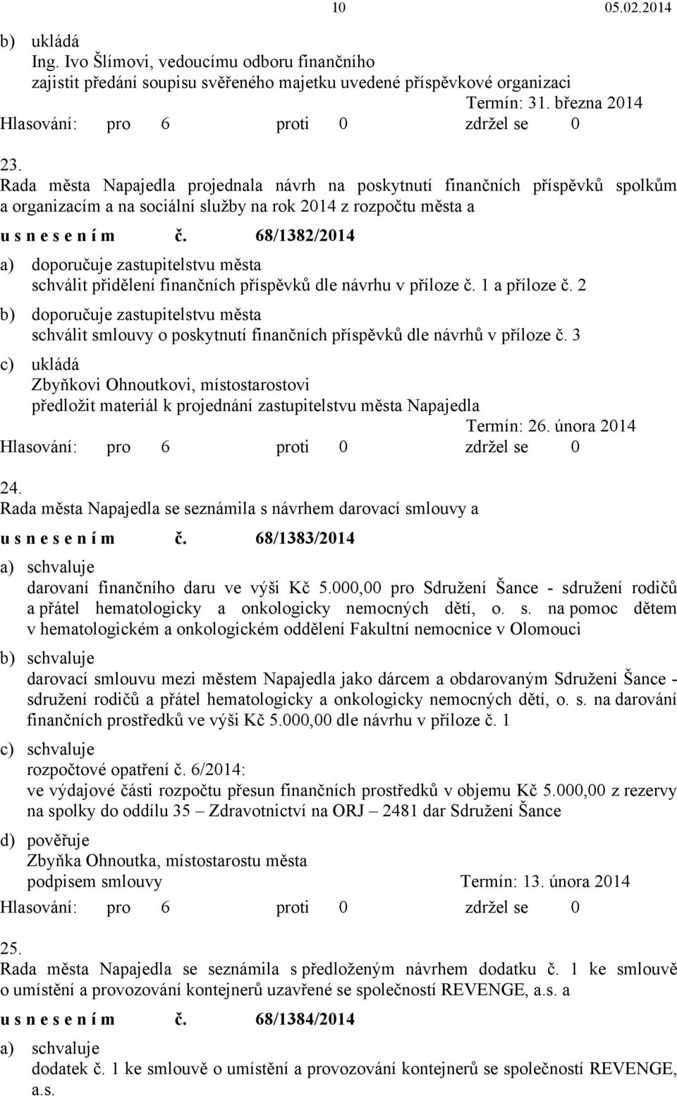 68/1382/2014 a) doporučuje zastupitelstvu města schválit přidělení finančních příspěvků dle návrhu v příloze č. 1 a příloze č.