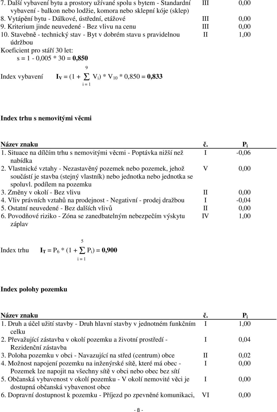 Stavebně - technický stav - Byt v dobrém stavu s pravidelnou II 1,00 údržbou Koeficient pro stáří 30 let: s = 1-0,005 * 30 = 0,850 9 Index vybavení I V = (1 + Σ V i) * V 10 * 0,850 = 0,833 i = 1