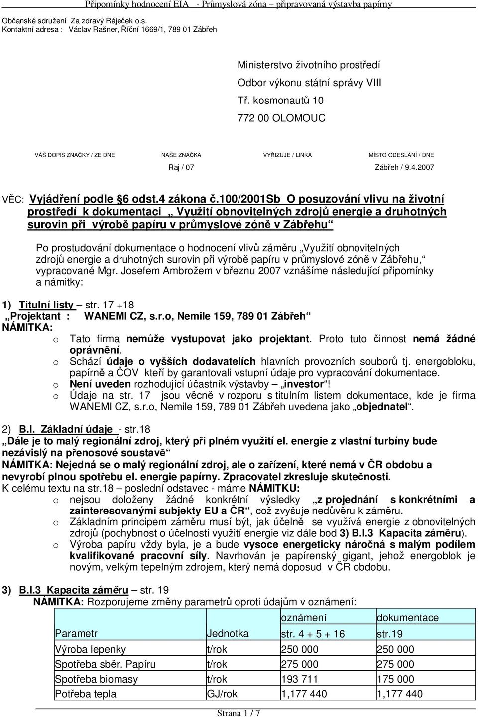 100/2001sb O posuzování vlivu na životní prost edí k dokumentaci Využití obnovitelných zdroj energie a druhotných surovin p i výrob papíru v pr myslové zón v Záb ehu Po prostudování dokumentace o