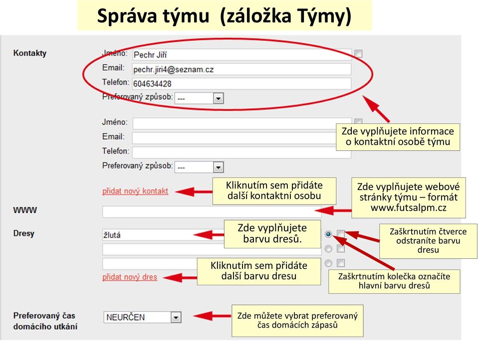 Kliknutím sem přidáte další barvu dresu Zde vyplňujete webové stránky týmu formát www.futsalpm.