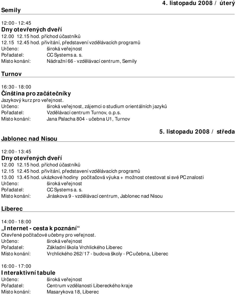 , zájemci o studium orientálních jazyků Pořadatel: Vzdělávací centrum Turnov, o.p.s. Místo konání: Jana Palacha 804 - učebna U1, Turnov Jablonec nad Nisou 5.