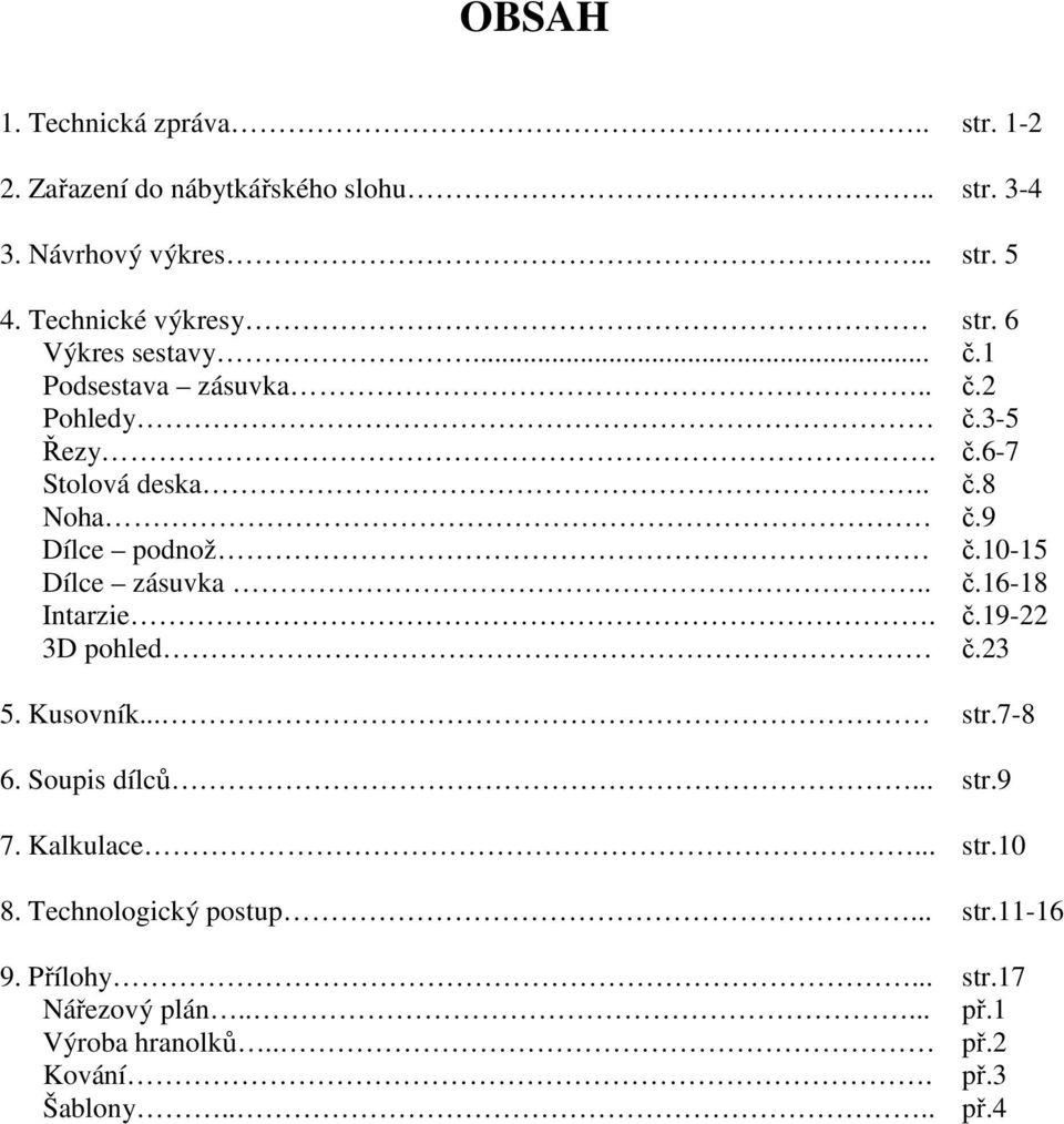 9 Dílce podnož č.10-15 Dílce zásuvka.. č.16-18 Intarzie. č.19-22 3D pohled č.23 5. Kusovník... 6. Soupis dílců... 7. Kalkulace... 8.