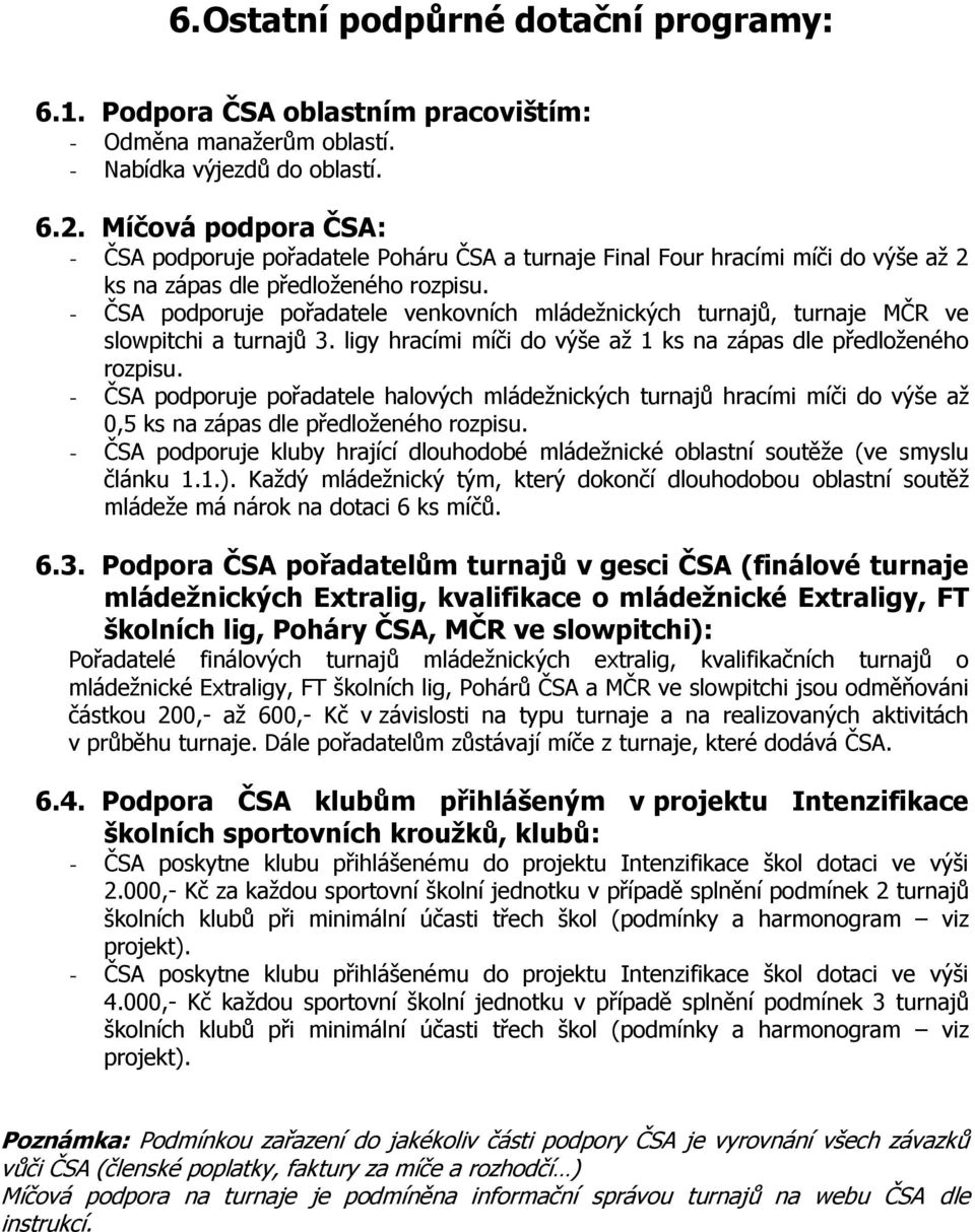 - ČSA podporuje pořadatele venkovních mládežnických turnajů, turnaje MČR ve slowpitchi a turnajů 3. ligy hracími míči do výše až 1 ks na zápas dle předloženého rozpisu.