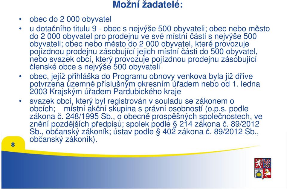 obyvateli obec, jejíž přihláška do Programu obnovy venkova byla již dříve potvrzena územně příslušným okresním úřadem nebo od 1.