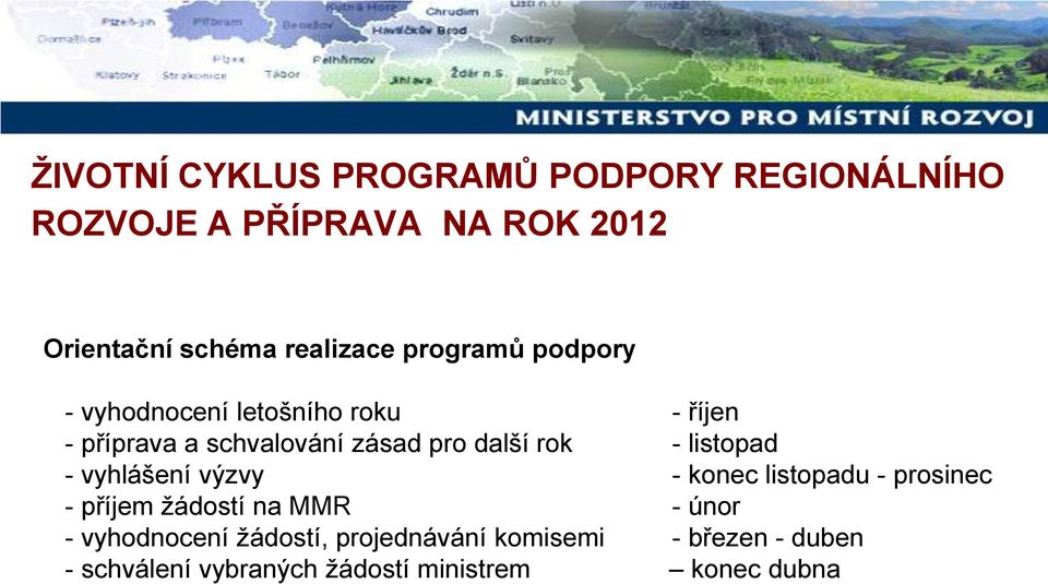 další rok - listopad - vyhlášení výzvy - konec listopadu - prosinec - příjem žádostí na MMR - únor -