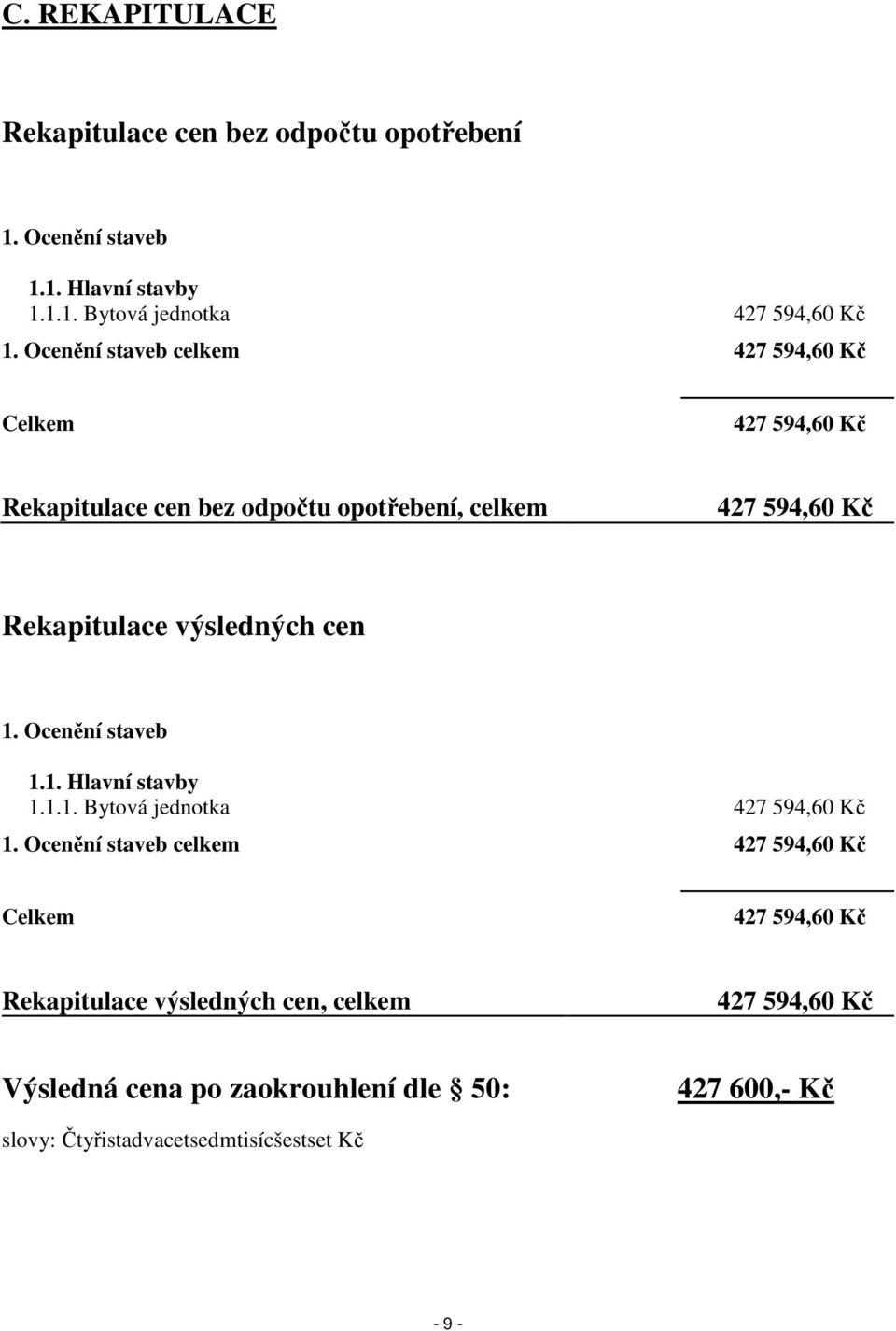 výsledných cen 1. Ocenění staveb 1.1. Hlavní stavby 1.1.1. Bytová jednotka 427 594,60 Kč 1.