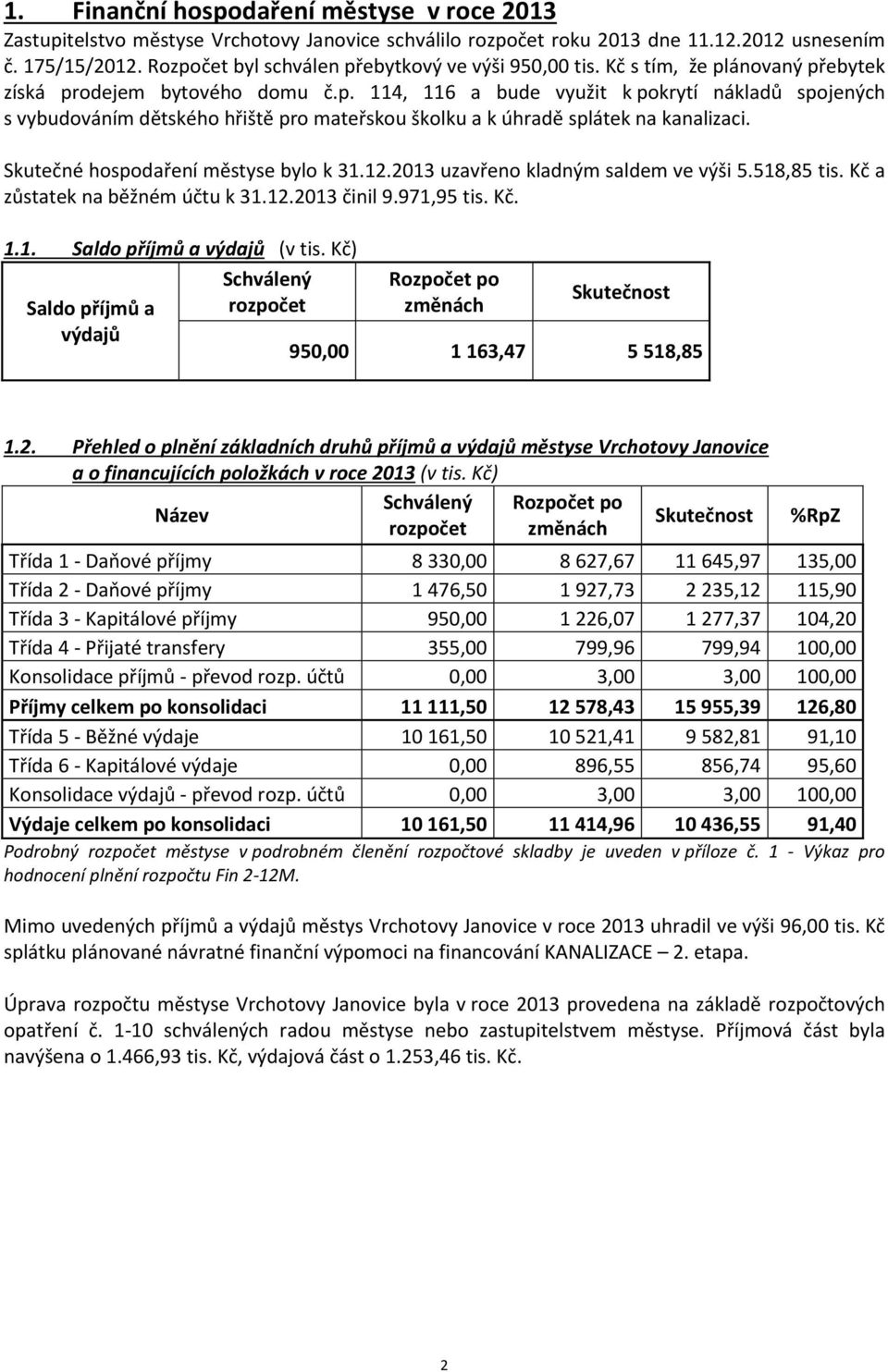 Skutečné hospodaření městyse bylo k 31.12.2013 uzavřeno kladným saldem ve výši 5.518,85 tis. Kč a zůstatek na běžném účtu k 31.12.2013 činil 9.971,95 tis. Kč. 1.1. Saldo příjmů a výdajů (v tis.