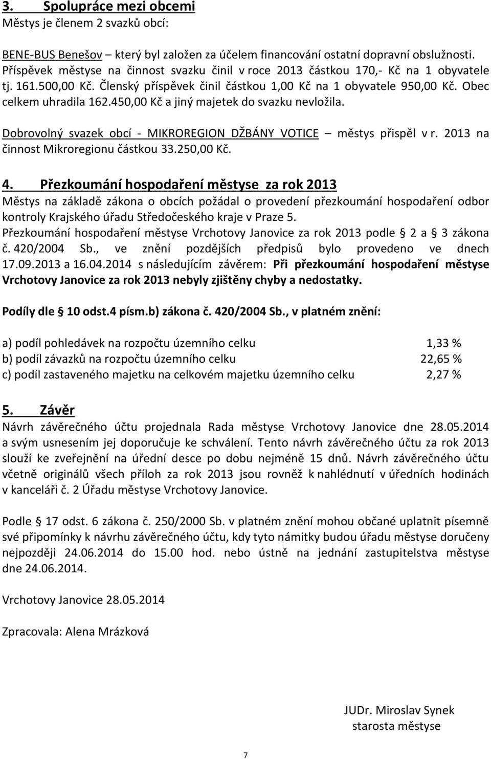 450,00 Kč a jiný majetek do svazku nevložila. Dobrovolný svazek obcí - MIKROREGION DŽBÁNY VOTICE městys přispěl v r. 2013 na činnost Mikroregionu částkou 33.250,00 Kč. 4.