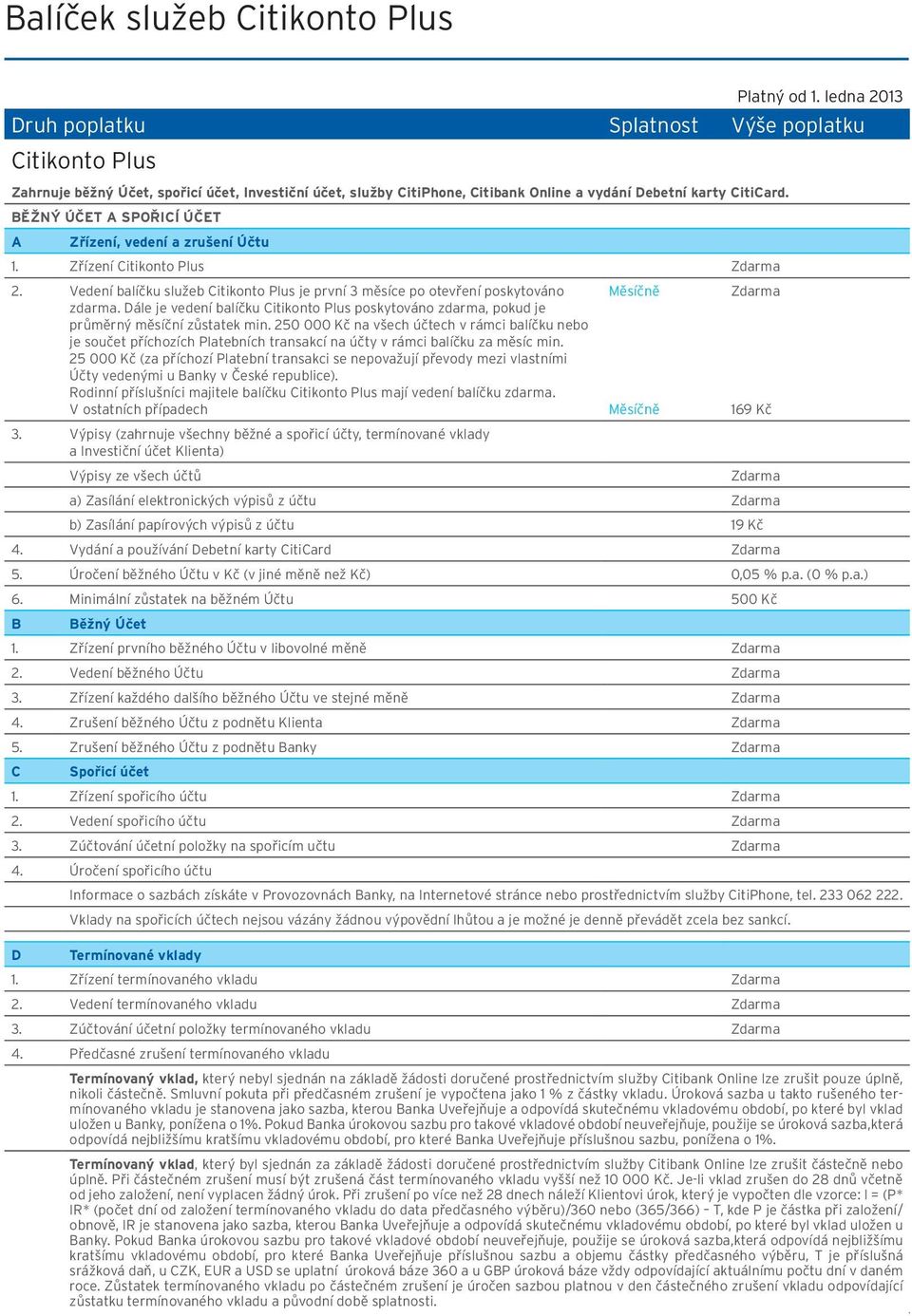 BĚŽNÝ ÚčET A SPOŘICÍ ÚČET A Zřízení, vedení a zrušení Účtu 1. Zřízení Citikonto Plus 2. Vedení balíčku služeb Citikonto Plus je první 3 měsíce po otevření poskytováno zdarma.