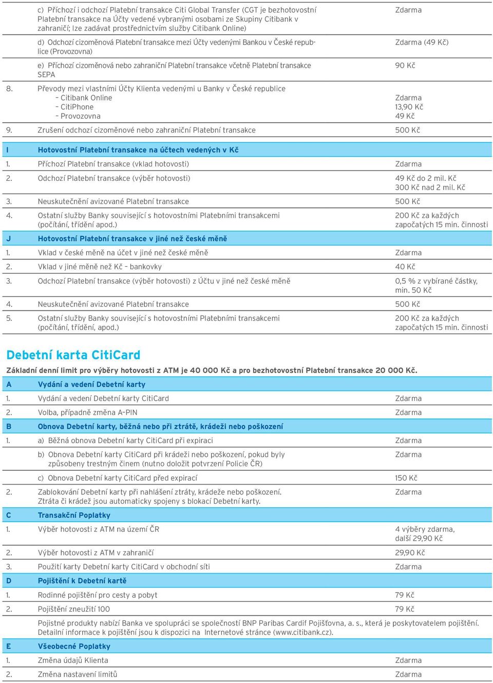 transakce SEPA 8. Převody mezi vlastními Účty Klienta vedenými u Banky v České republice Citibank Online CitiPhone Provozovna (49 Kč) 90 Kč 13,90 Kč 49 Kč 9.
