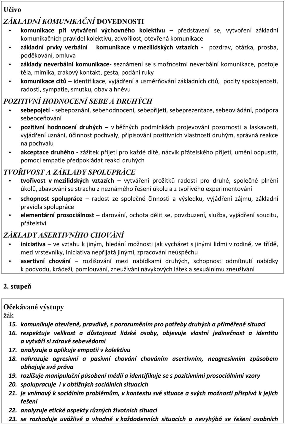 kontakt, gesta, podání ruky komunikace citů identifikace, vyjádření a usměrňování základních citů, pocity spokojenosti, radosti, sympatie, smutku, obav a hněvu POZITIVNÍ HODNOCENÍ SEBE A DRUHÝCH