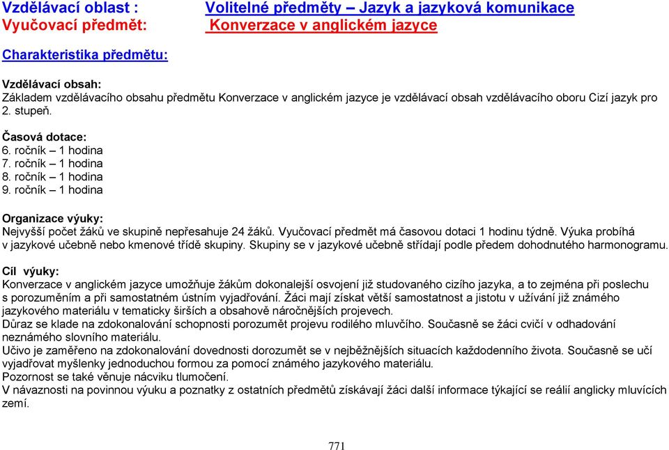 ročník 1 hodina Organizace výuky: Nejvyšší počet žáků ve skupině nepřesahuje 24 žáků. Vyučovací předmět má časovou dotaci 1 hodinu týdně. Výuka probíhá v jazykové učebně nebo kmenové třídě skupiny.