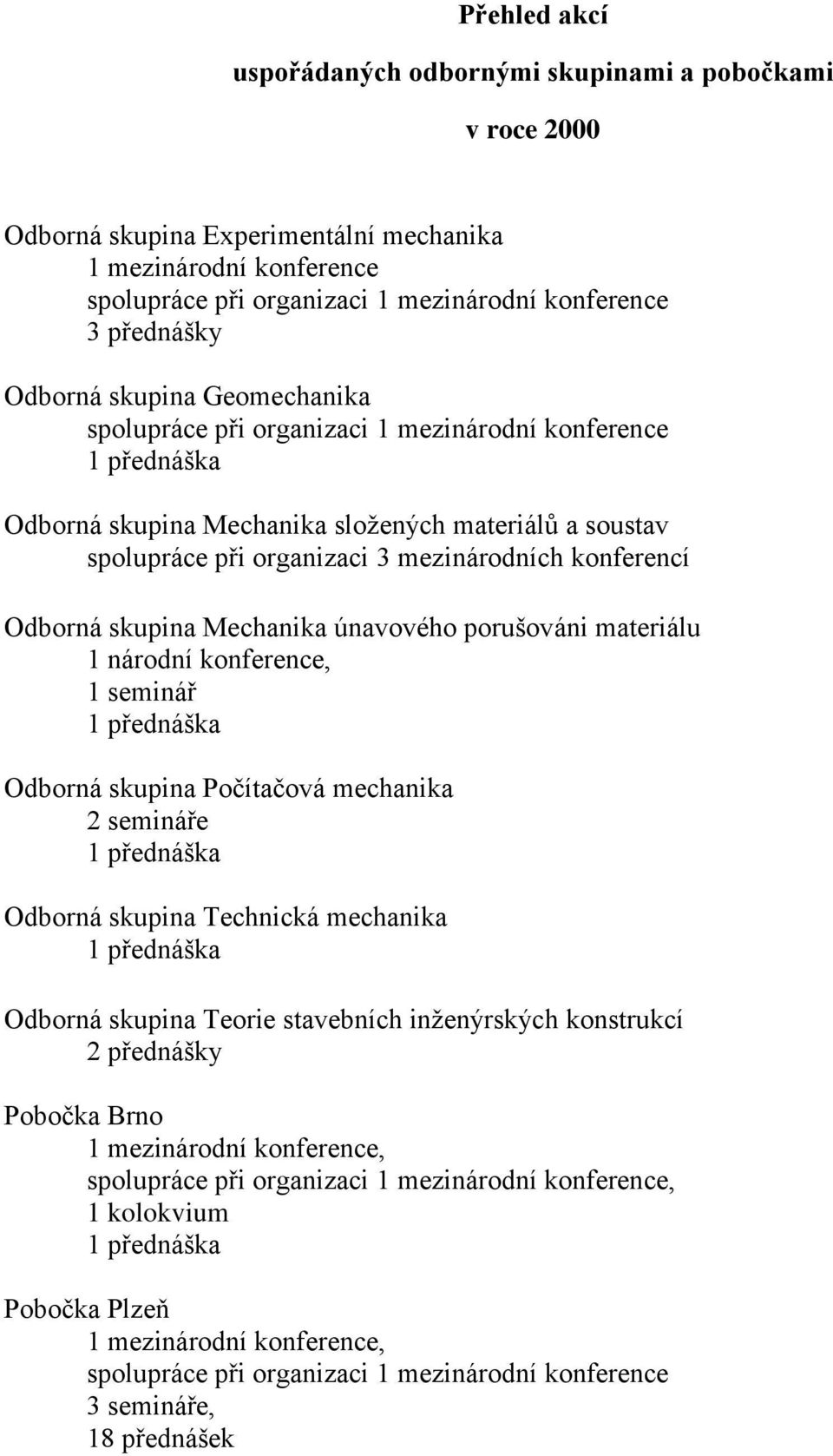 únavového porušováni materiálu 1 národní konference, 1 seminář Odborná skupina Počítačová mechanika 2 semináře Odborná skupina Technická mechanika Odborná