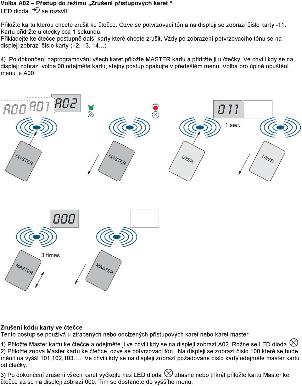 14 ) 4) Po dokončení naprogramování všech karet přiložte MASTER kartu a přidržte ji u čtečky. Ve chvíli kdy se na displeji zobrazí volba 00 odejměte kartu, stejný postup opakujte v předešlém menu.