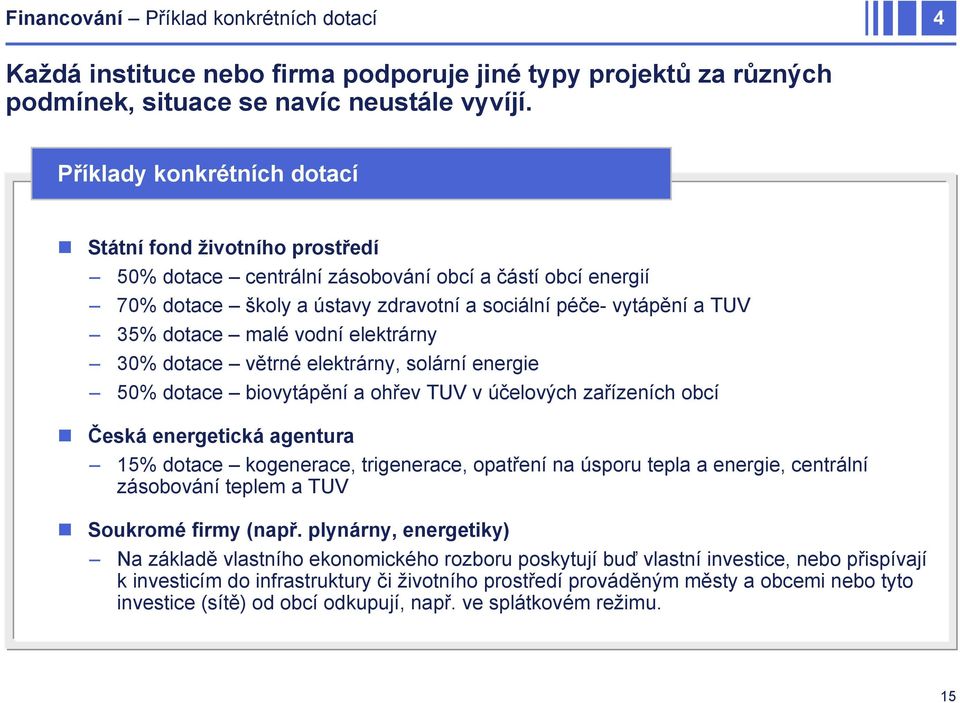 malé vodní elektrárny 30% dotace větrné elektrárny, solární energie 50% dotace biovytápění a ohřev TUV v účelových zařízeních obcí Česká energetická agentura 15% dotace kogenerace, trigenerace,