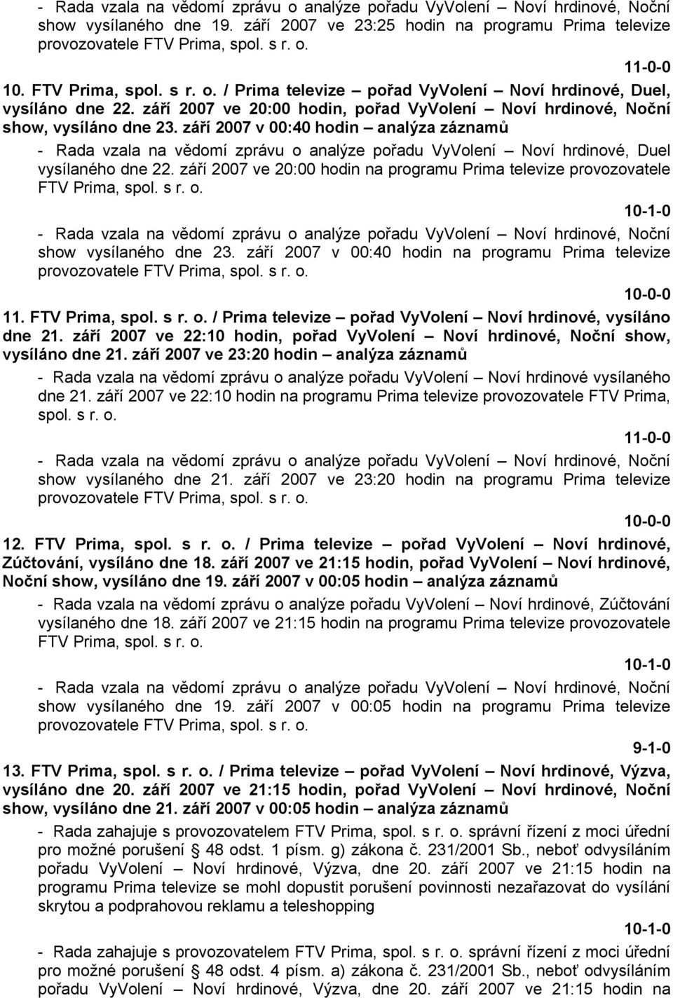 září 2007 v 00:40 hodin analýza záznamů - Rada vzala na vědomí zprávu o analýze pořadu VyVolení Noví hrdinové, Duel vysílaného dne 22.