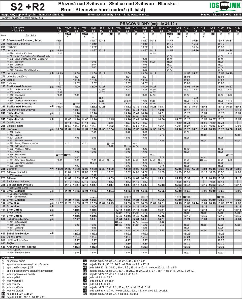 Kuřim 250 Boskovice 251 Jevíčko 256 Olešnice přes Kunštát 257 Olešnice přes Lysice 240 Sloup město