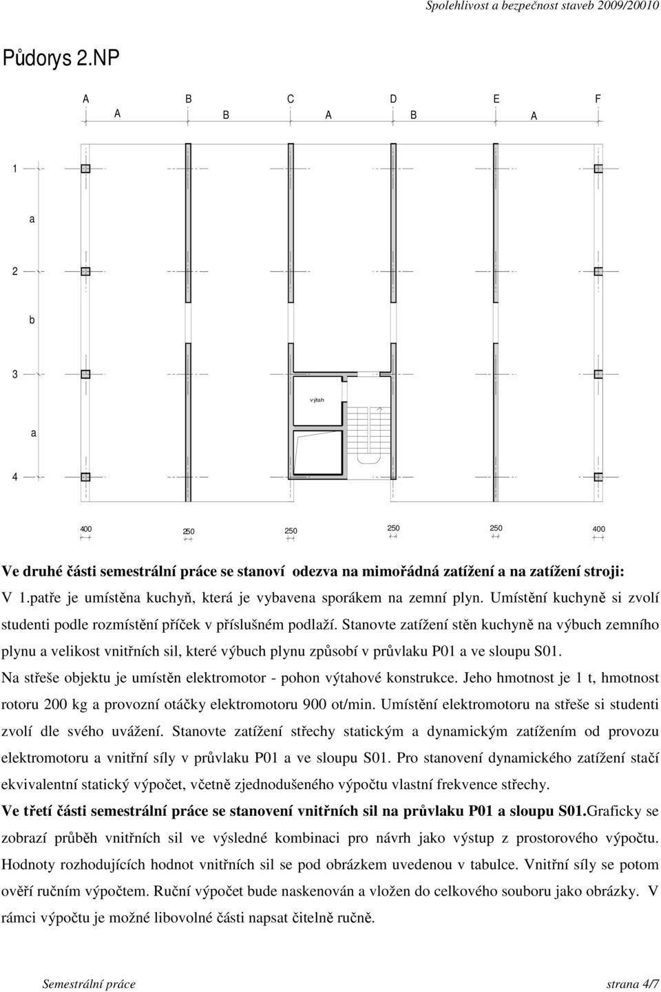 Stnovte ztížení stěn kuchyně n výbuch zemního plynu velikost vnitřních sil, které výbuch plynu způsobí v průvlku P01 ve sloupu S01. N střeše objektu je umístěn elektromotor - pohon výthové konstrukce.