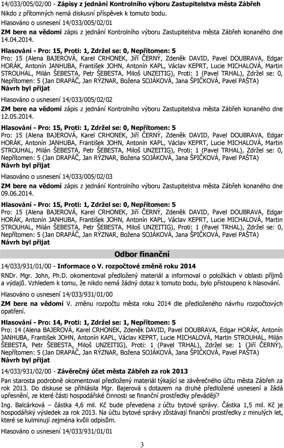 Hlasování - Pro: 15, Proti: 1, Zdržel se: 0, Nepřítomen: 5 Pro: 15 (Alena BAJEROVÁ, Karel CRHONEK, Jiří ČERNÝ, Zdeněk DAVID, Pavel DOUBRAVA, Edgar STROUHAL, Milán ŠEBESTA, Petr ŠEBESTA, Miloš