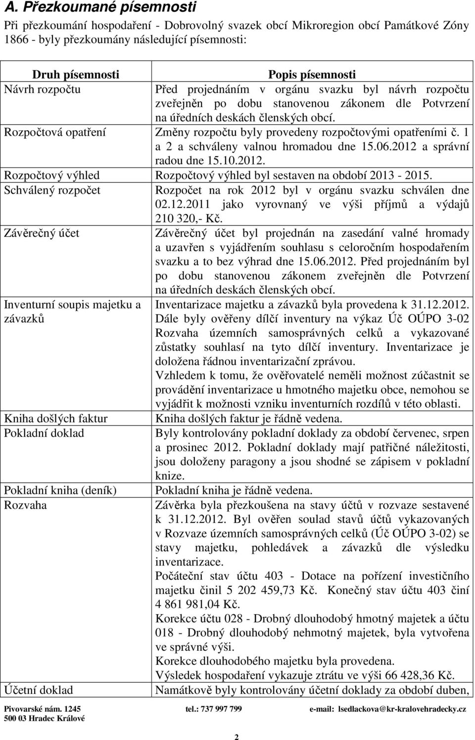 Rozpočtová opatření Změny rozpočtu byly provedeny rozpočtovými opatřeními č. 1 a 2 a schváleny valnou hromadou dne 15.06.2012 a správní radou dne 15.10.2012. Rozpočtový výhled Rozpočtový výhled byl sestaven na období 2013-2015.