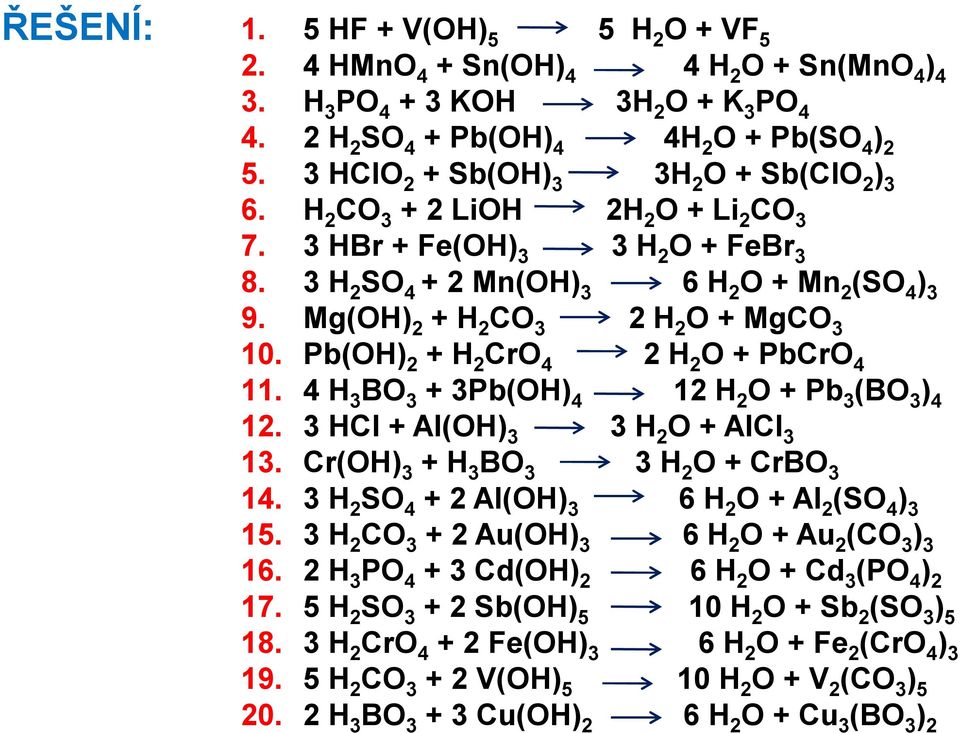 Mg(OH) 2 + H 2 CO 3 2 H 2 O + MgCO 3 10. Pb(OH) 2 + H 2 CrO 4 2 H 2 O + PbCrO 4 11. 4 H 3 BO 3 + 3Pb(OH) 4 12 H 2 O + Pb 3 (BO 3 ) 4 12. 3 HCl + Al(OH) 3 3 H 2 O + AlCl 3 13.