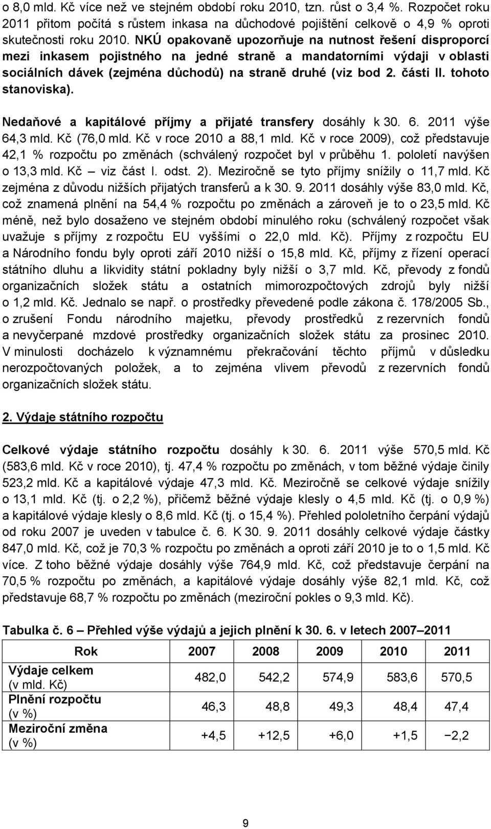 tohoto stanoviska). Nedaňové a kapitálové příjmy a přijaté transfery dosáhly k 30. 6. 2011 výše 64,3 mld. Kč (76,0 mld. Kč v roce 2010 a 88,1 mld.