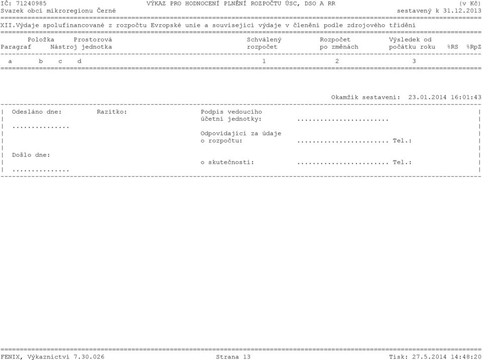3 Okamžik sestavení: 23.01.2014 16:01:43 Odesláno dne: Razítko: Podpis vedoucího účetní jednotky:.