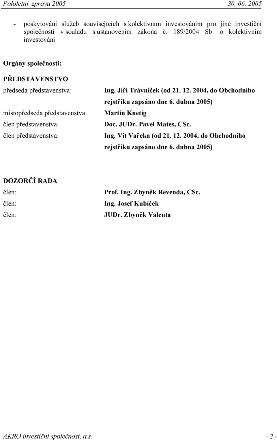 Jiří Trávníček (od 21. 12. 2004, do Obchodního rejstříku zapsáno dne 6. dubna 2005) Martin Knetig Doc. JUDr. Pavel Mates, CSc. Ing. Vít Vařeka (od 21. 12. 2004, do Obchodního rejstříku zapsáno dne 6. dubna 2005) DOZORČÍ RADA člen: člen: člen: Prof.