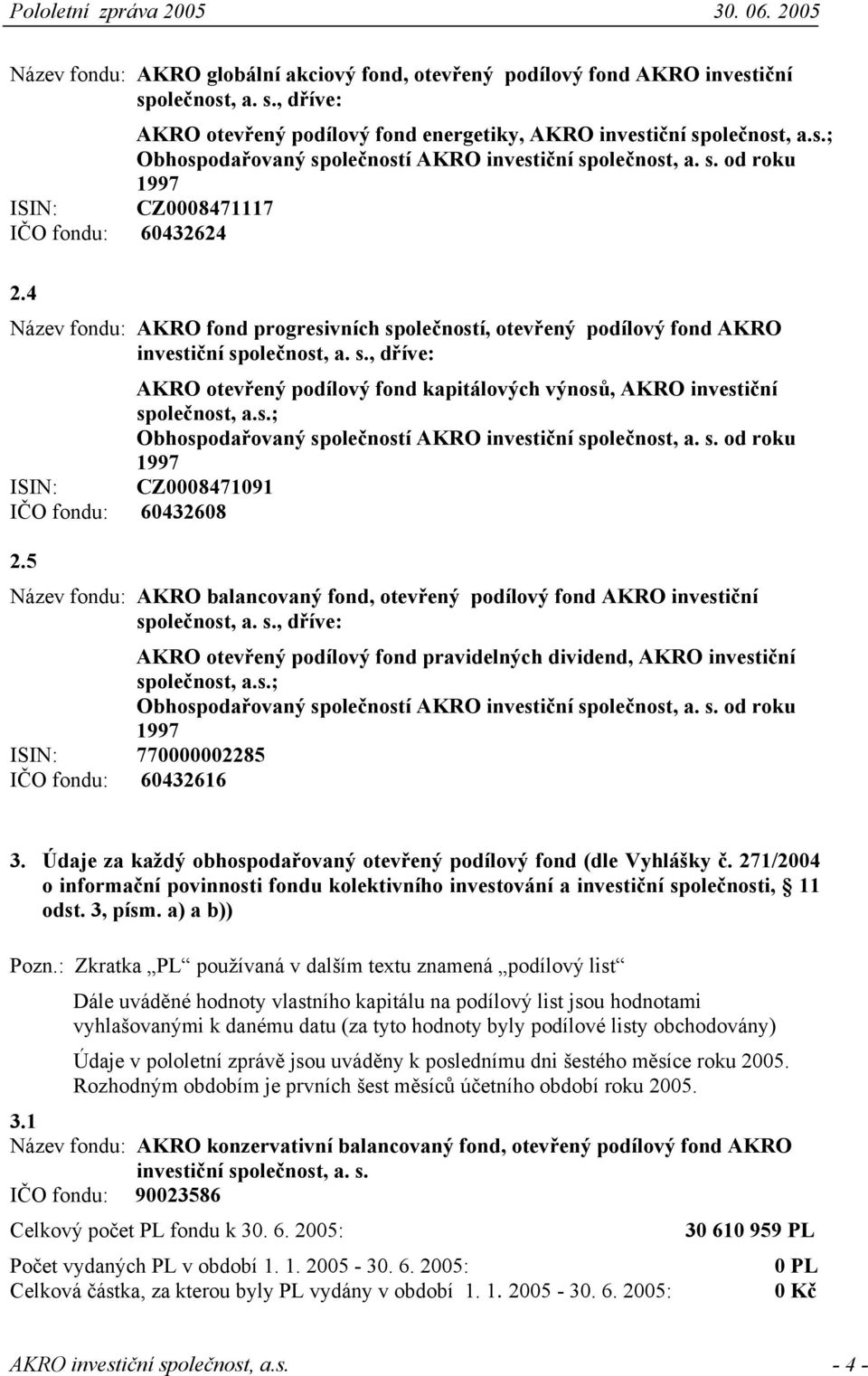 s.; Obhospodařovaný společností AKRO investiční společnost, a. s. od roku 1997 ISIN: CZ0008471091 IČO fondu: 60432608 2.