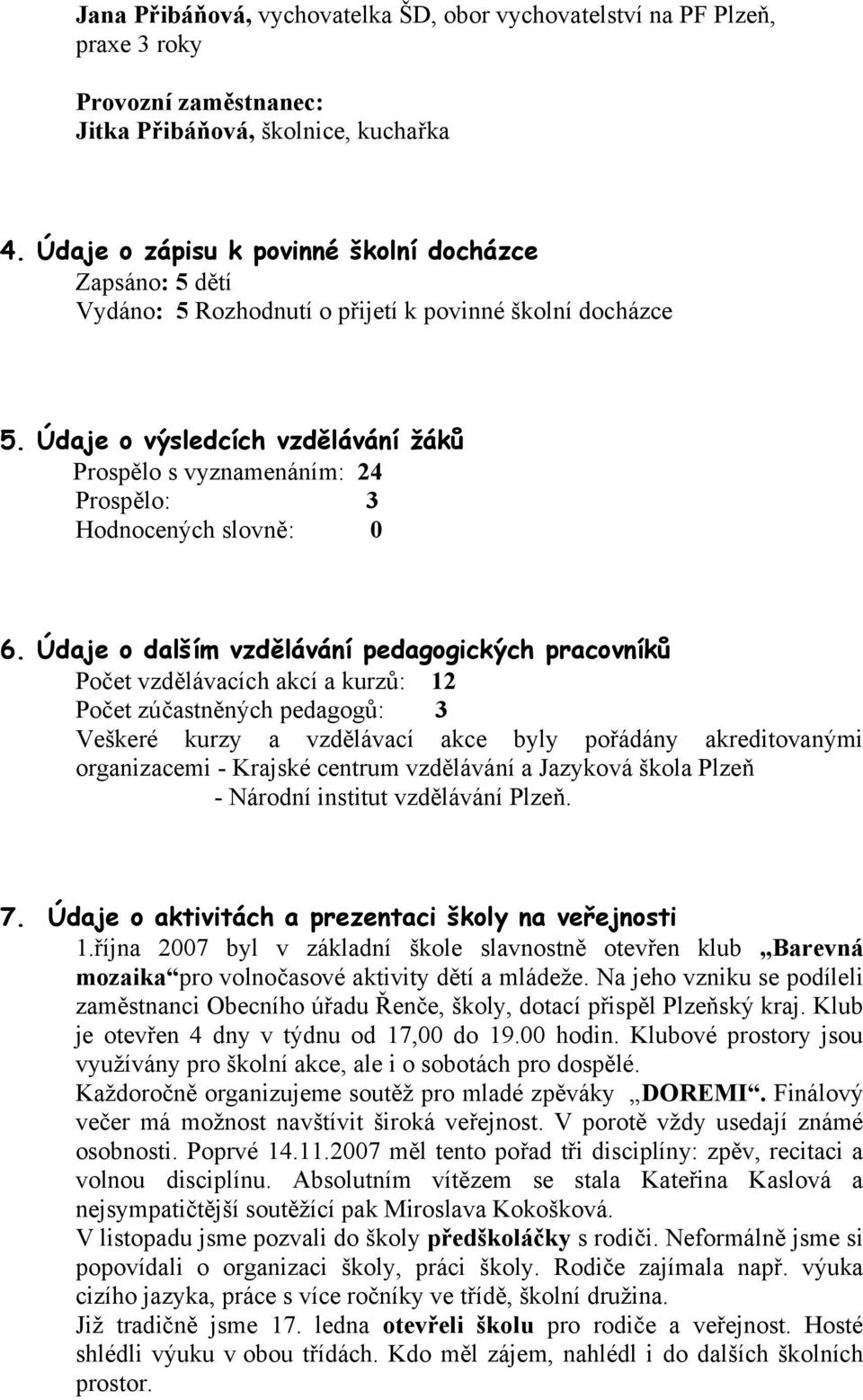 Údaje o výsledcích vzdělávání žáků Prospělo s vyznamenáním: 24 Prospělo: 3 Hodnocených slovně: 0 6.