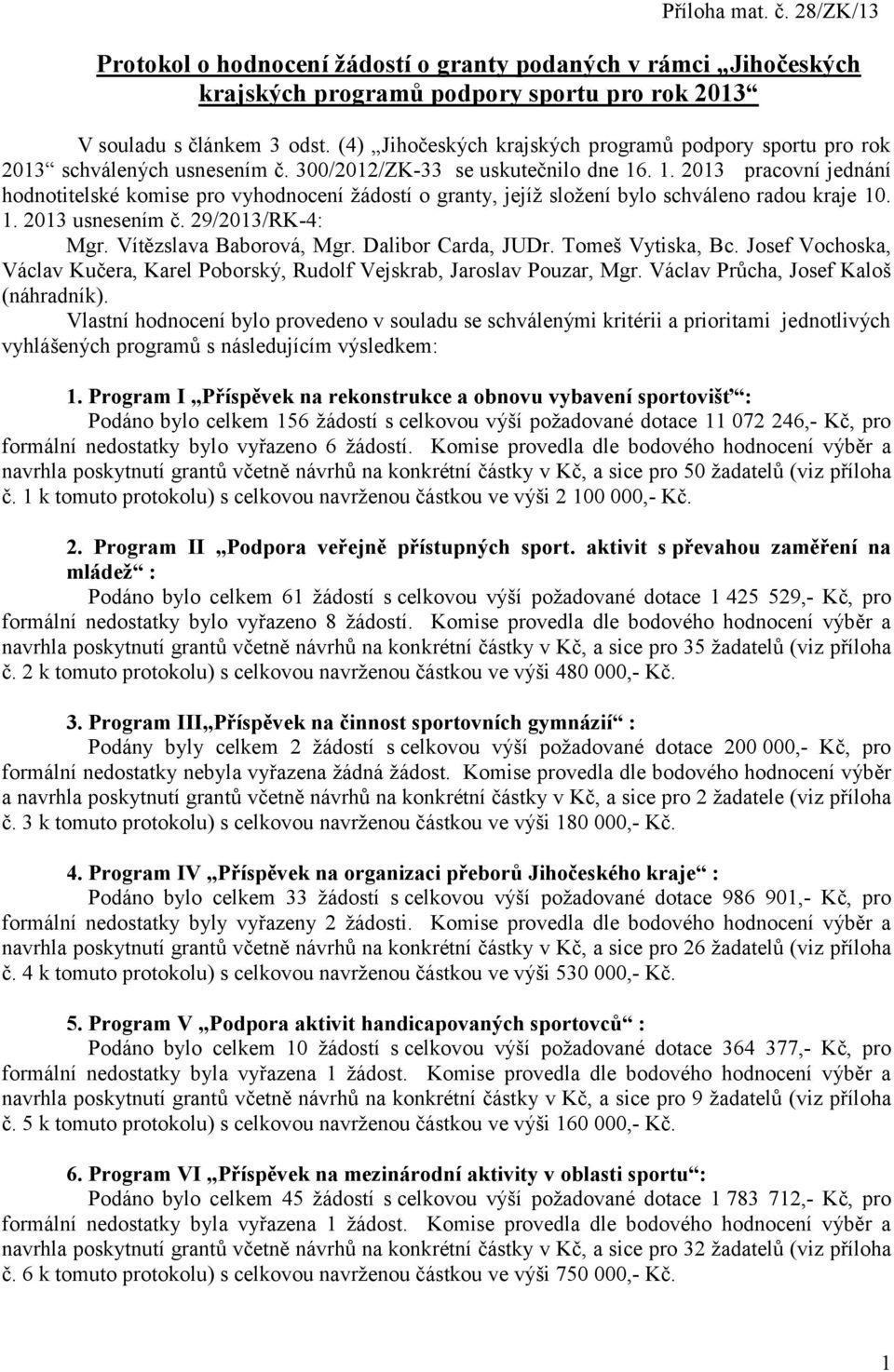 . 1. 213 pracovní jednní hodnotitelské komise pro vyhodnocení ždostí o granty, jejíž složení bylo schvleno radou kraje 1. 1. 213 usnesením č. 29/213/RK-4: Mgr. Vítězslava Baborov, Mgr.
