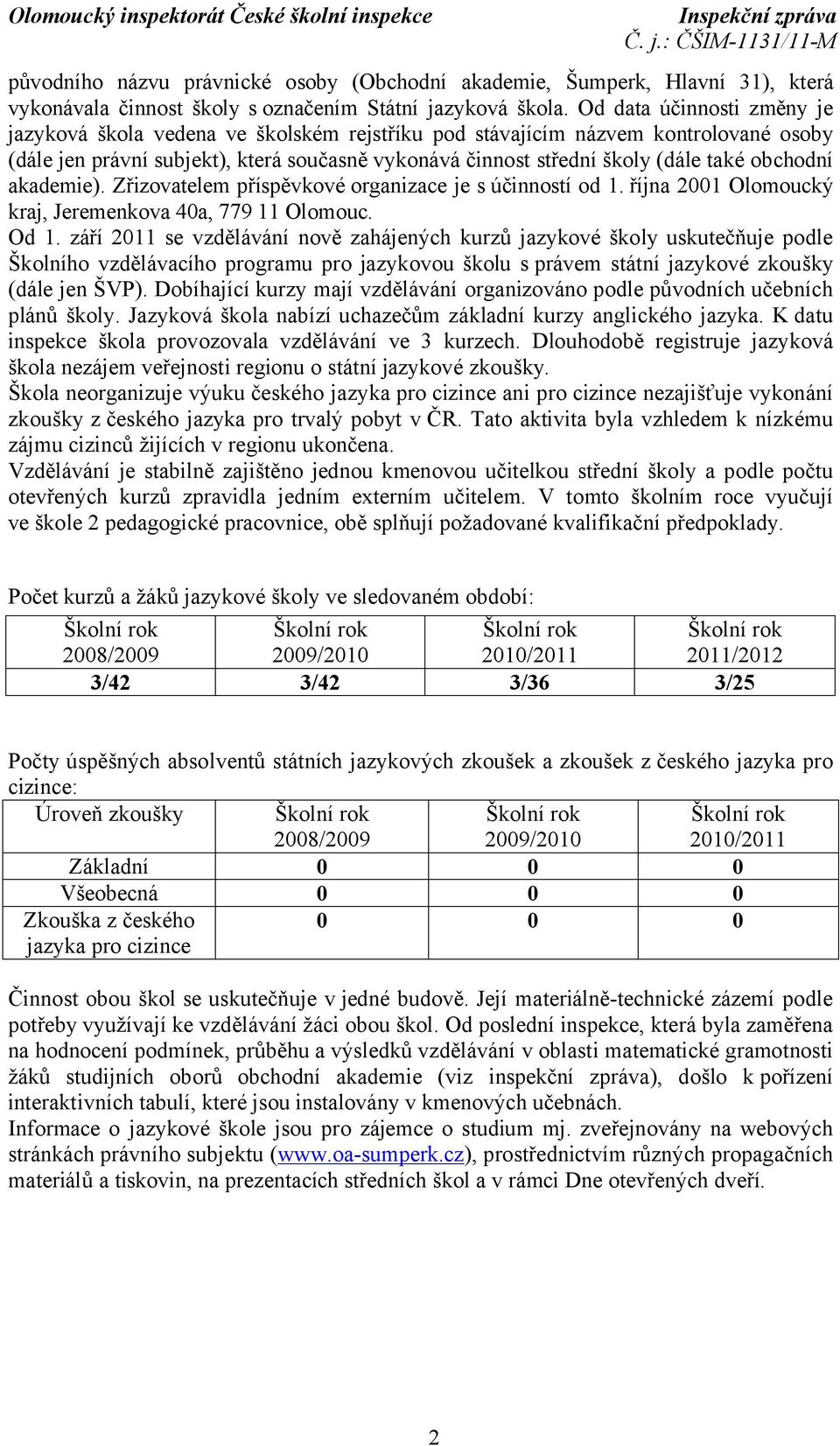 obchodní akademie). Zřizovatelem příspěvkové organizace je s účinností od 1. října 2001 Olomoucký kraj, Jeremenkova 40a, 779 11 Olomouc. Od 1.