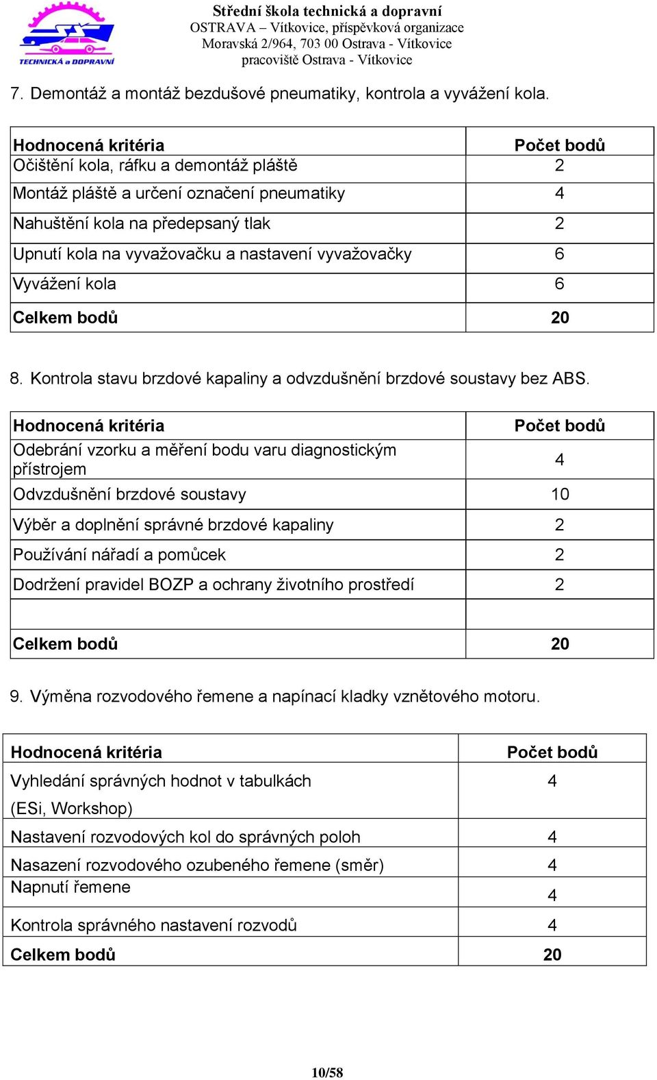 vyvažovačky 6 Vyvážení kola 6 Celkem bodů 20 8. Kontrola stavu brzdové kapaliny a odvzdušnění brzdové soustavy bez ABS.