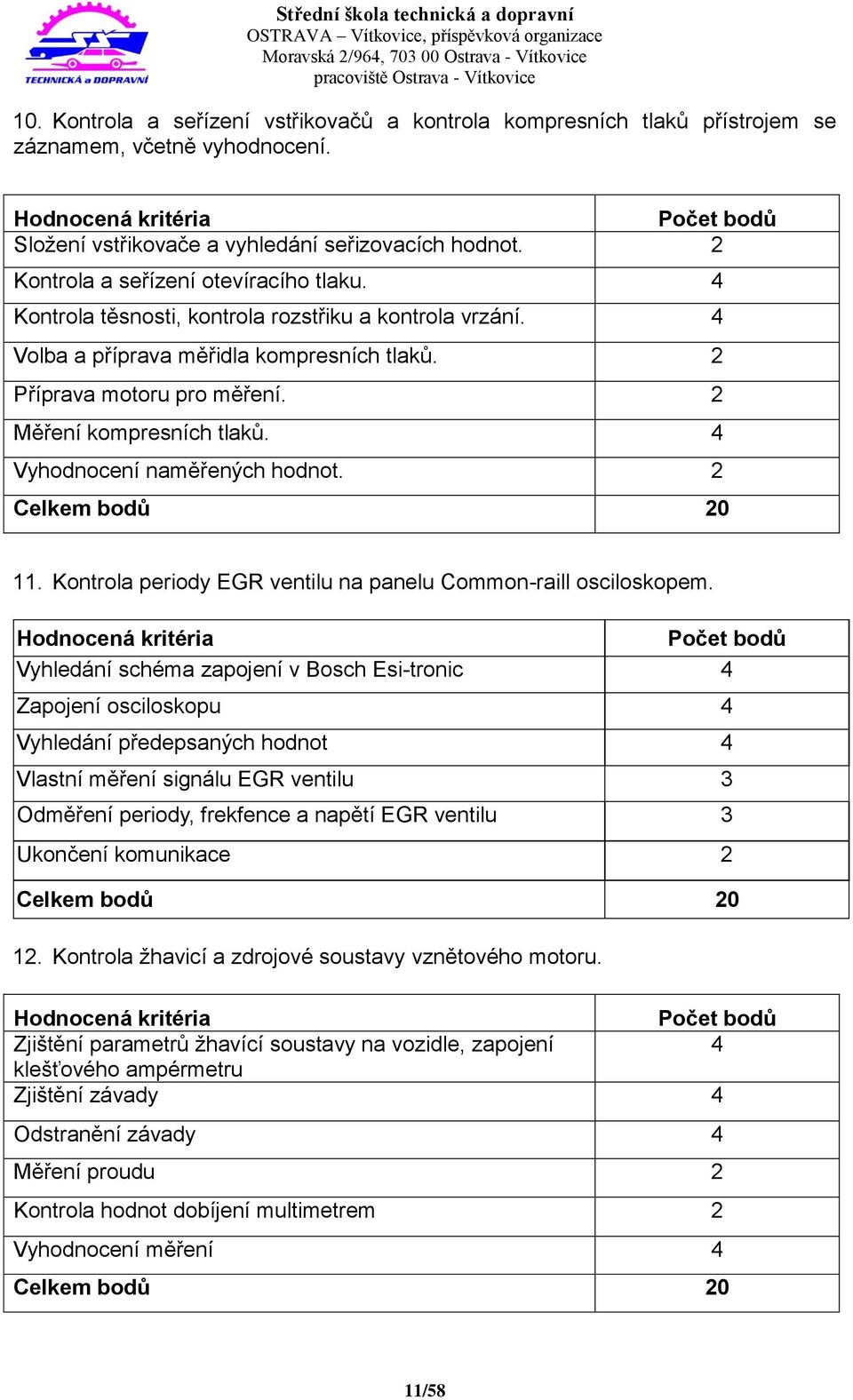 2 Měření kompresních tlaků. 4 Vyhodnocení naměřených hodnot. 2 Celkem bodů 20 11. Kontrola periody EGR ventilu na panelu Common-raill osciloskopem.