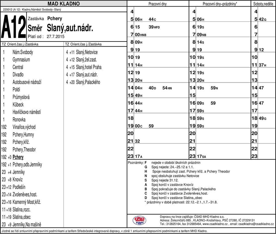 + Slaný,Palackého 0H C 3HFD 00HNB 0H 1H N 1 0H 0D HN H 1 H H 1 00C 32 A 0H S 0NB 1S S 1H S N prázdniny* 1 S N 1 0S S 1 S S SA G Spoj nejede: 2. 2. a 1.1. S Spoj nejede 31.