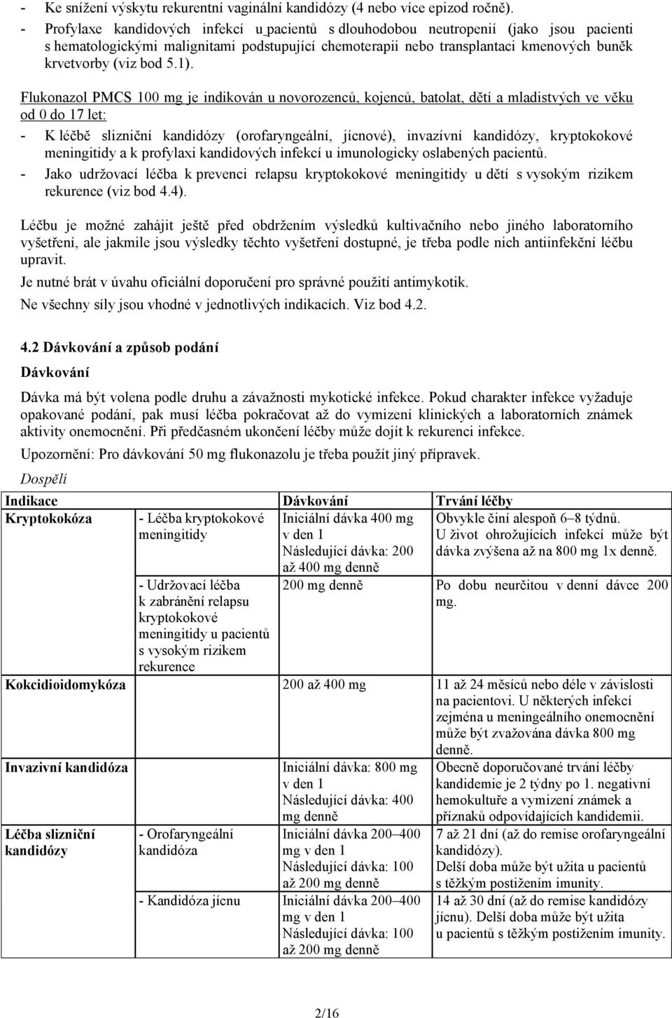 5.1). Flukonazol PMCS 100 mg je indikován u novorozenců, kojenců, batolat, dětí a mladistvých ve věku od 0 do 17 let: - K léčbě slizniční kandidózy (orofaryngeální, jícnové), invazívní kandidózy,
