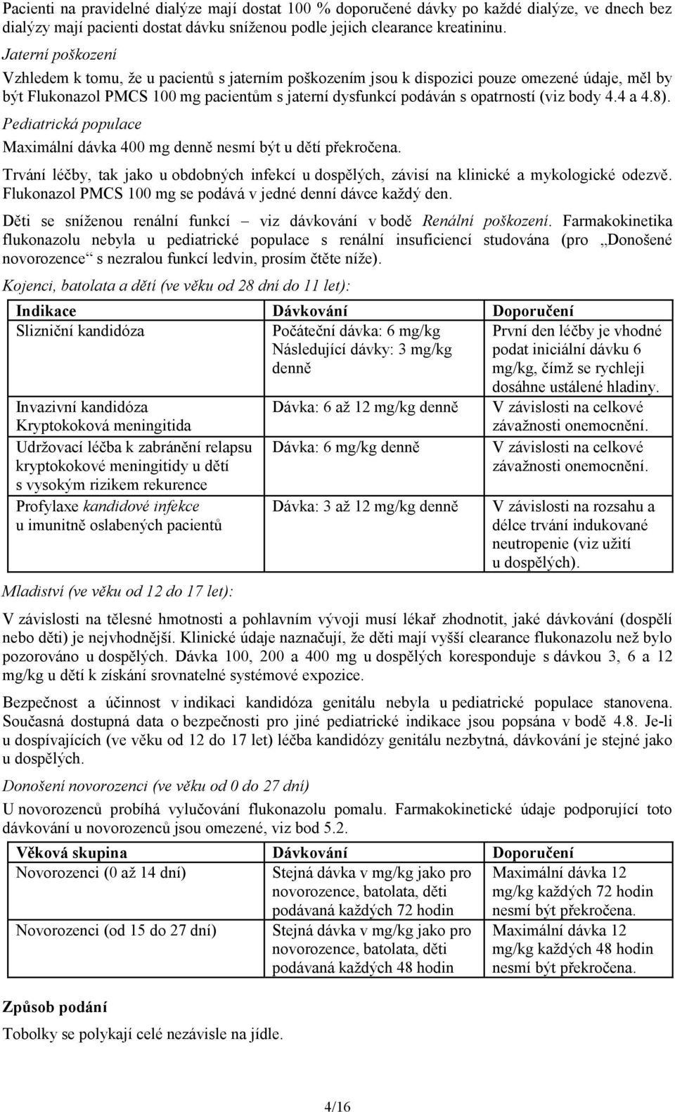 body 4.4 a 4.8). Pediatrická populace Maximální dávka 400 mg denně nesmí být u dětí překročena. Trvání léčby, tak jako u obdobných infekcí u dospělých, závisí na klinické a mykologické odezvě.