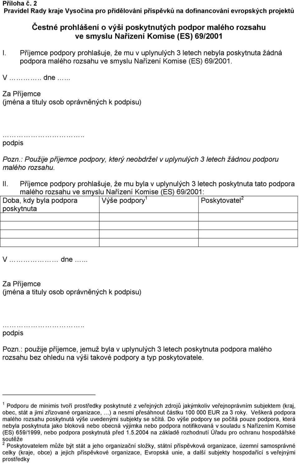 Příjemce podpory prohlašuje, že mu v uplynulých 3 letech nebyla poskytnuta žádná podpora malého rozsahu ve smyslu Nařízení Komise (ES) 69/2001. V.. dne.