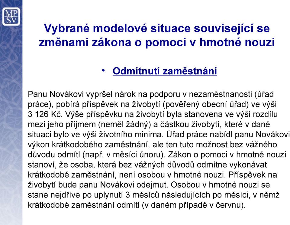 Výše příspěvku na živobytí byla stanovena ve výši rozdílu mezi jeho příjmem (neměl žádný) a částkou živobytí, které v dané situaci bylo ve výši životního minima.