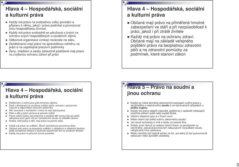 Zamstnanci mají právo na spravedlivou odmnu za práci a na uspokojivé pracovní podmínky Ženy, mladiství a osoby zdravotn postižené mají právo na zvýšenou ochranu zdraví pi práci Hlava 4 Hospodáská,