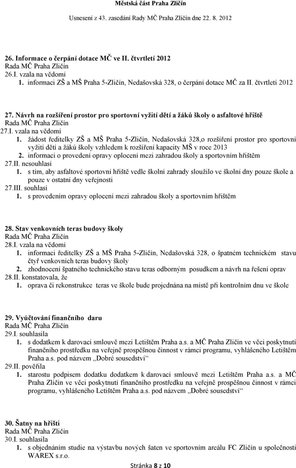 žádost ředitelky ZŠ a MŠ Praha 5-Zličín, Nedašovská 328,o rozšíření prostor pro sportovní vyžití dětí a žáků školy vzhledem k rozšíření kapacity MŠ v roce 2013 2.