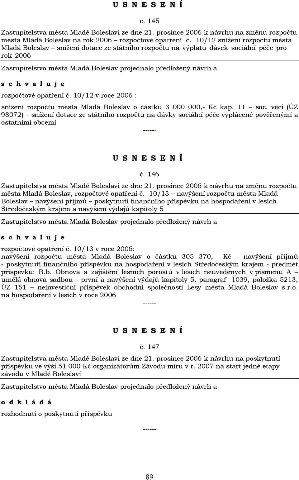 10/12 v roce 2006 : snížení rozpočtu města Mladá Boleslav o částku 3 000 000,- Kč kap. 11 soc.