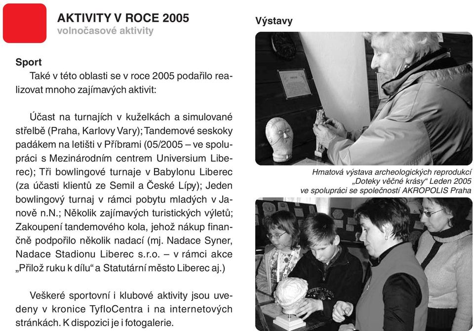 a České Lípy); Jeden bowlingový turnaj v rámci pobytu mladých v Janově n.n.; Několik zajímavých turistických výletů; Zakoupení tandemového kola, jehož nákup finan- podpořilo několik nadací (mj.