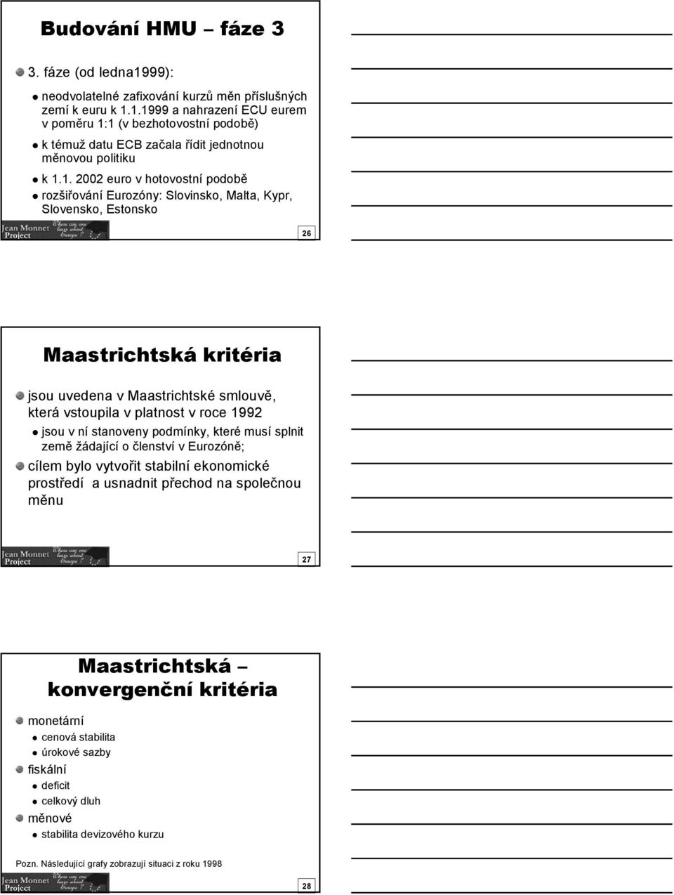 1992 jsou v ní stanoveny podmínky, které musí splnit země žádající o členství v Eurozóně; cílem bylo vytvořit stabilní ekonomické prostředí a usnadnit přechod na společnou měnu 27 Maastrichtská