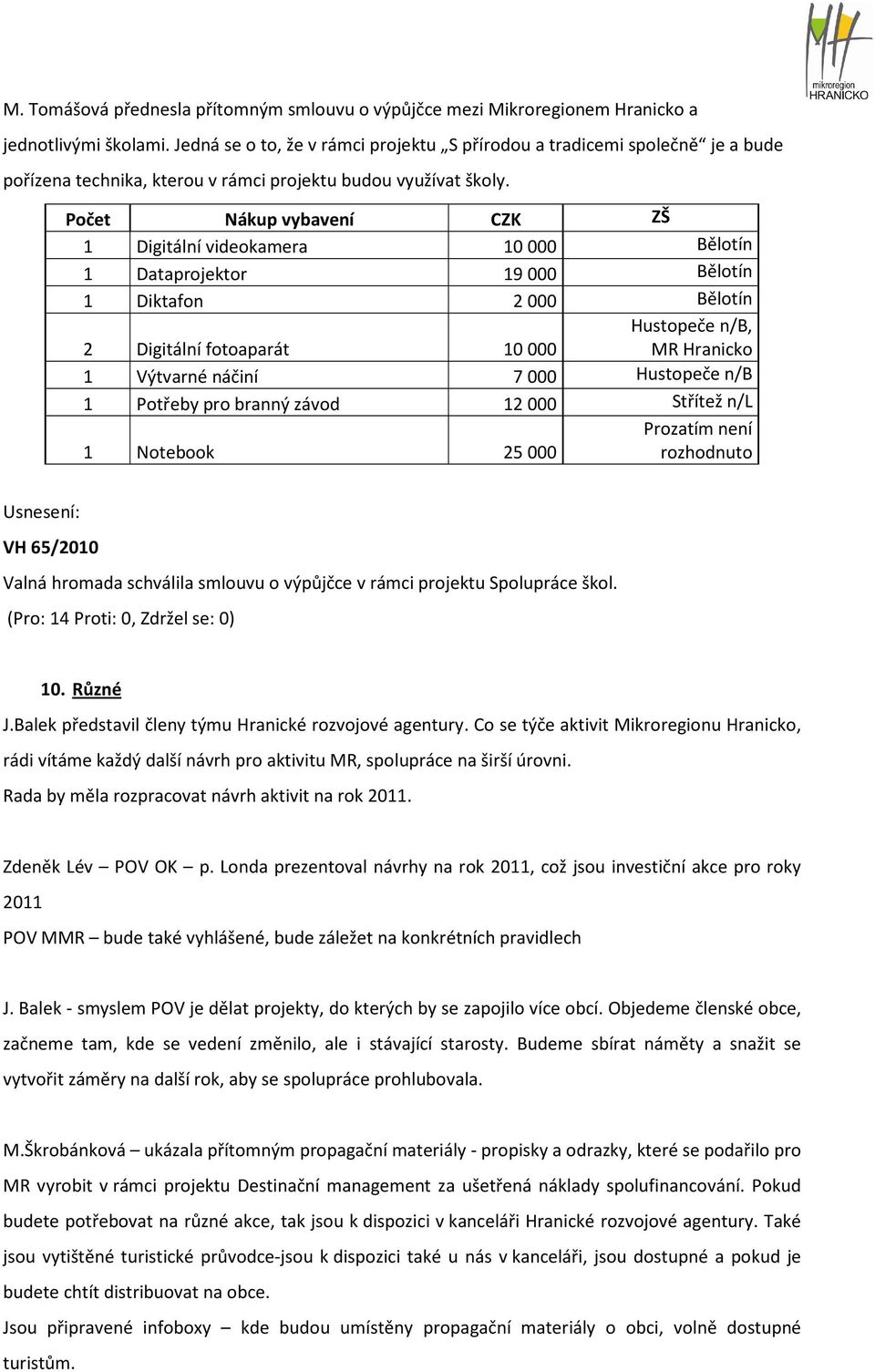 Počet Nákup vybavení CZK ZŠ 1 Digitální videokamera 10000 Bělotín 1 Dataprojektor 19000 Bělotín 1 Diktafon 2000 Bělotín 2 Digitální fotoaparát 10000 Hustopeče n/b, MR Hranicko 1 Výtvarné náčiní 7000