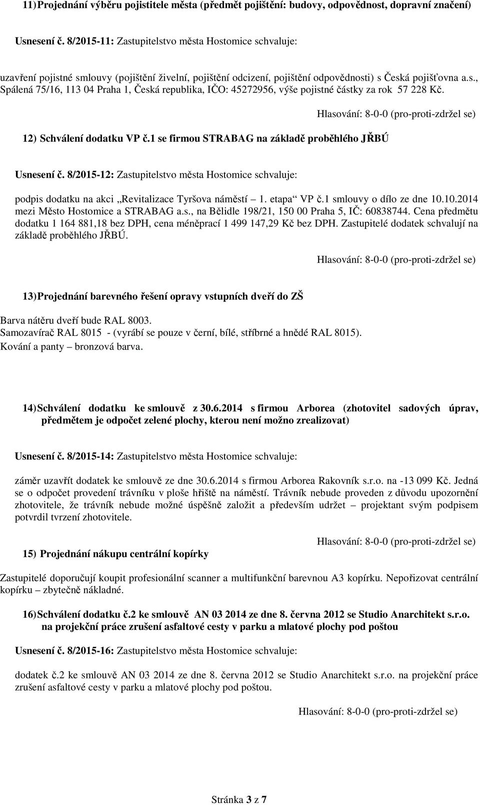 12) Schválení dodatku VP č.1 se firmou STRABAG na základě proběhlého JŘBÚ Usnesení č. 8/2015-12: Zastupitelstvo města Hostomice schvaluje: podpis dodatku na akci Revitalizace Tyršova náměstí 1.