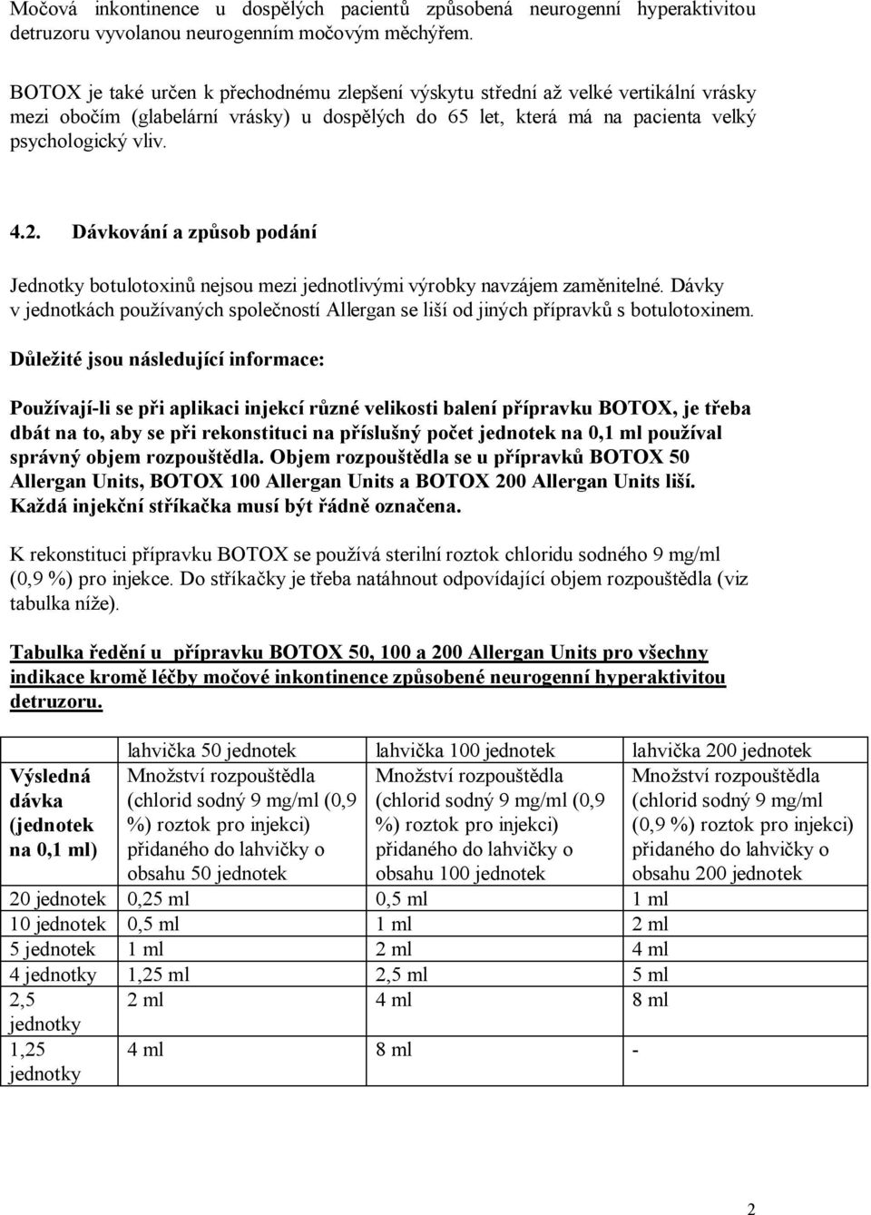 Dávkování a způsob podání Jednotky botulotoxinů nejsou mezi jednotlivými výrobky navzájem zaměnitelné. Dávky v jednotkách používaných společností Allergan se liší od jiných přípravků s botulotoxinem.