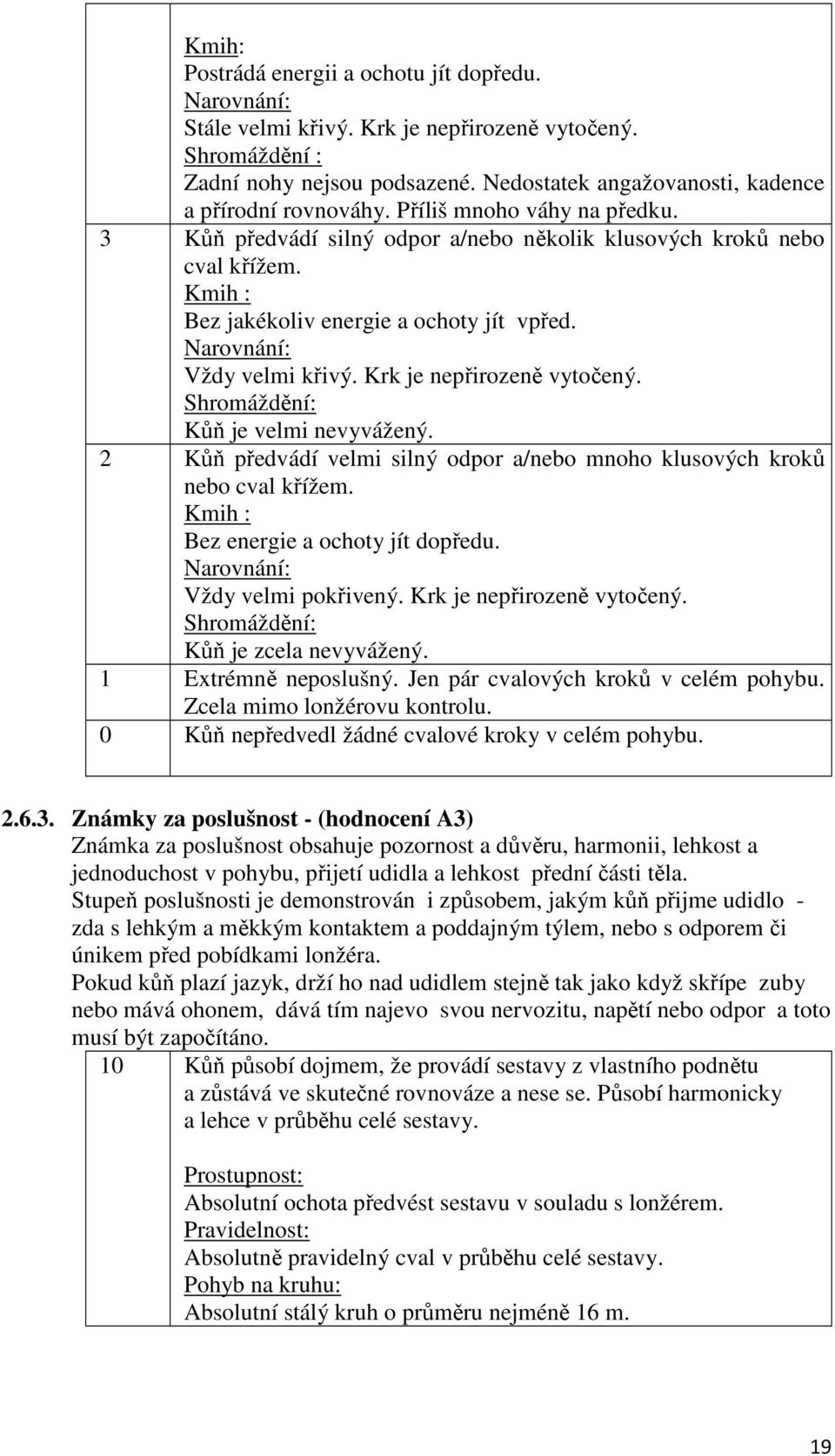 Kmih : Bez jakékoliv energie a ochoty jít vpřed. Narovnání: Vždy velmi křivý. Krk je nepřirozeně vytočený. Shromáždění: Kůň je velmi nevyvážený.